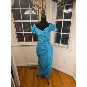 Vintage Off Shoulder Union Made Dress Slimming Ruching Pearl Detail‎ Teal Size 7